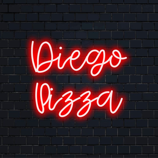 Diego Pizza Personalized Neon Light with bright neon glow on black brick background