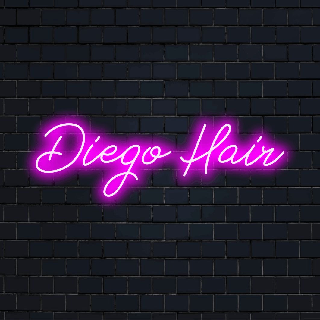 Diego Hair Custom Name Neon Sign, glowing lettering on dark brick background