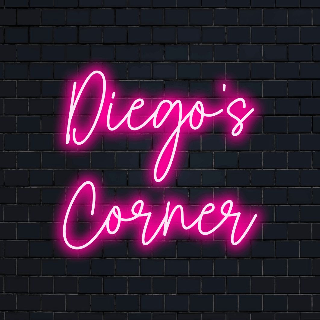 Diego_s Corner Custom Name Neon Sign, neon text light on dark brick background