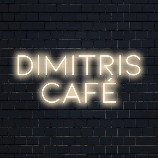 Dimitris Cafe Personalized LED Neon Sign, soft neon glow against black brick wall