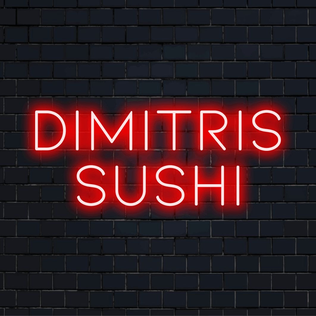 Dimitris Sushi Custom Name Neon Sign, soft neon glow on dark brick background