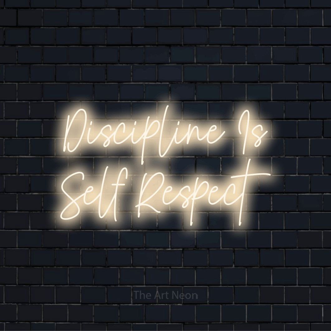 "Discipline Is Self Respect" neon text design on a black brick wall