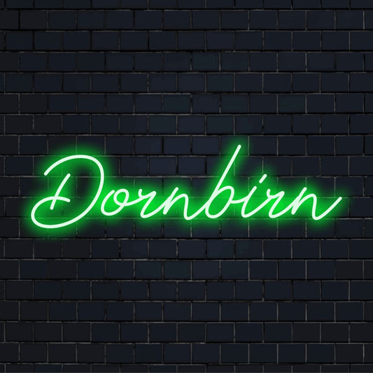 Dornbirn LED Neon Sign, bright neon lettering on dark brick wall