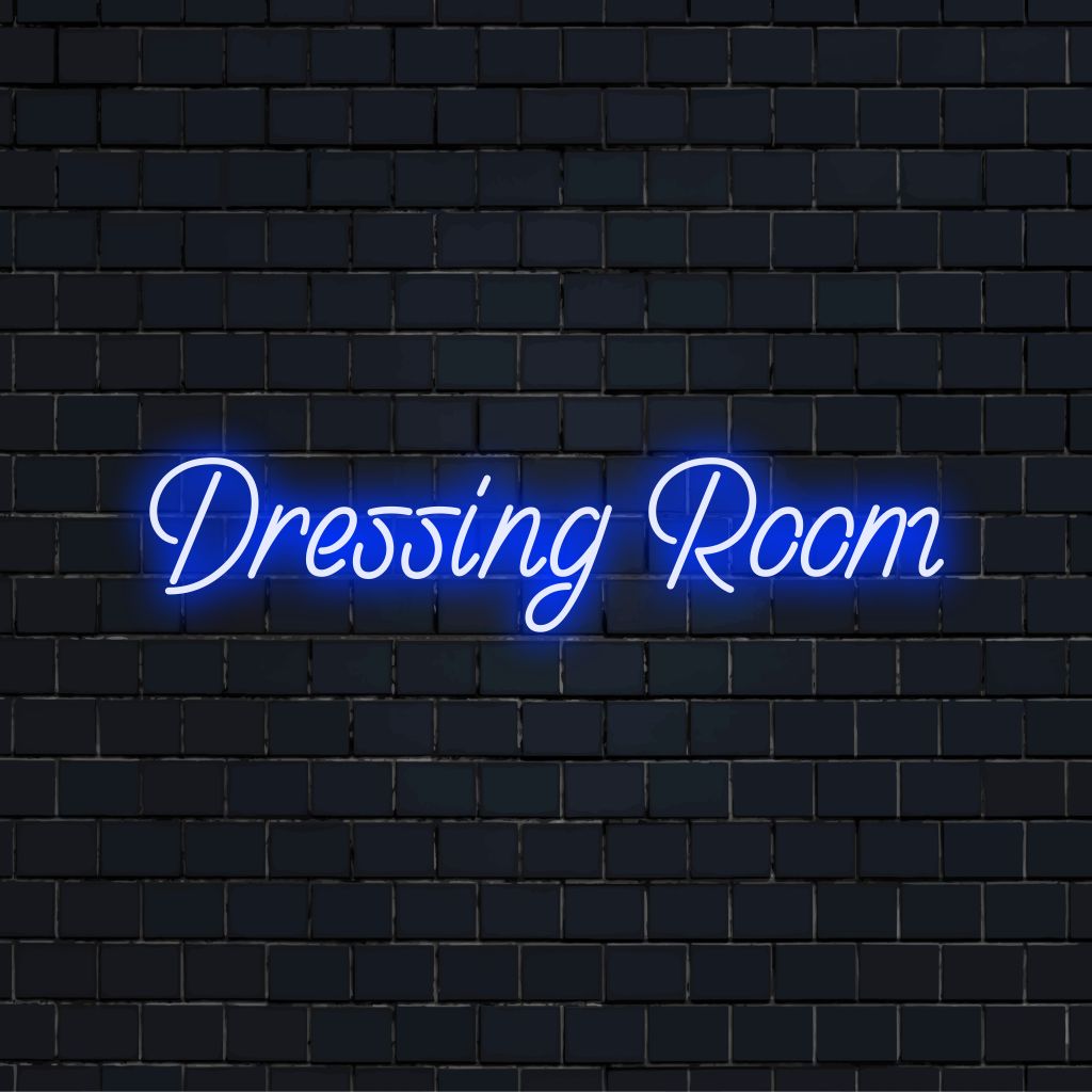 Dressing Room Neon Sign, bright LED glow on black brick background