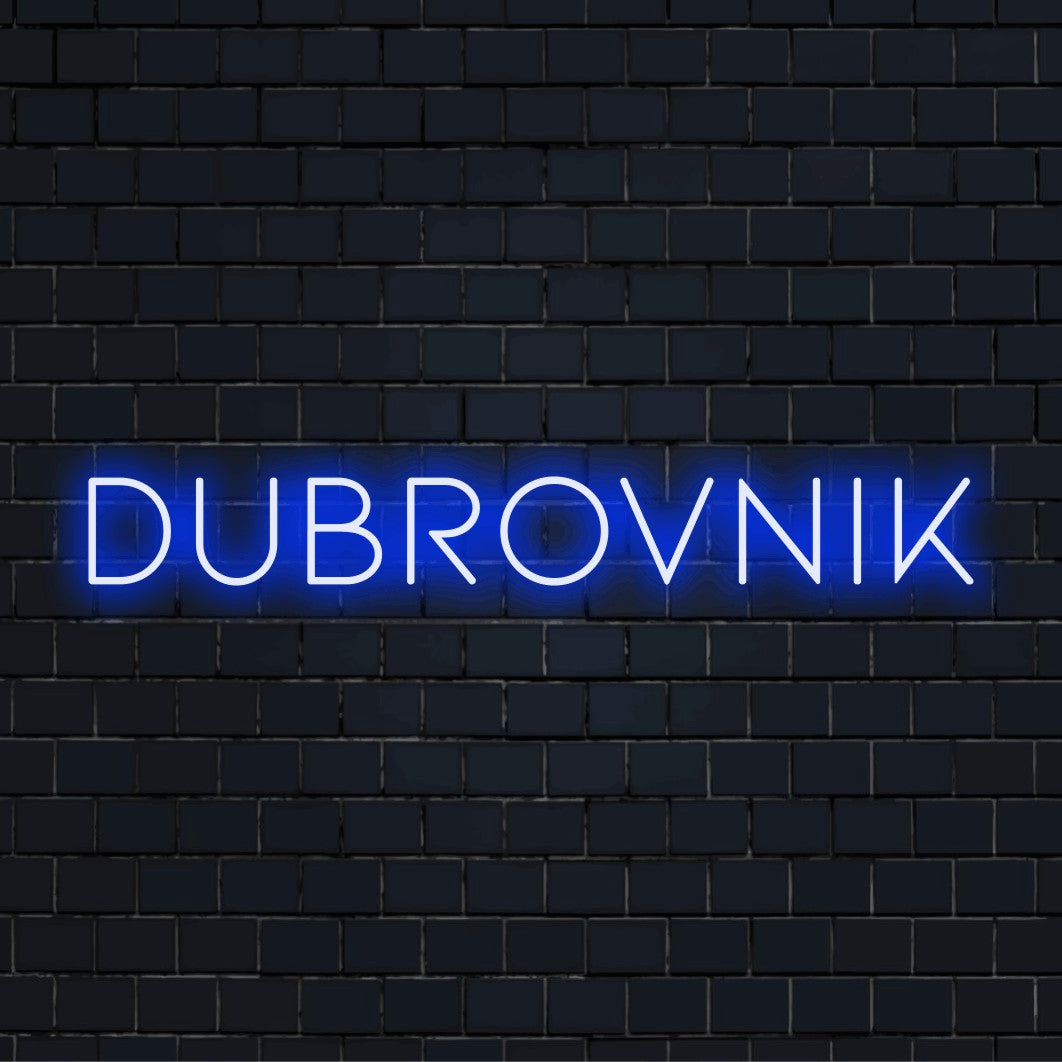 Dubrovnik Neon Sign, glowing wall decor against brick backdrop