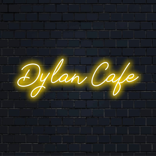 Dylan Cafe Custom Name Neon Sign, soft neon glow against brick backdrop