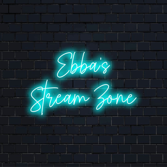 Ebba_s Stream Zone Custom Name Neon Sign, glowing wall decor on dark brick background