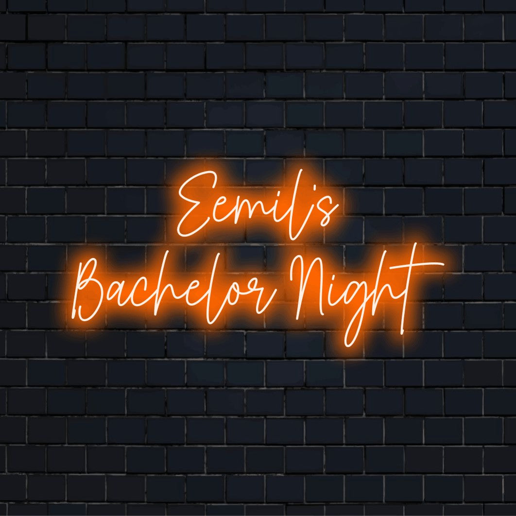 Eemil_s Bachelor Night Custom Name Neon Sign, soft neon glow on dark brick wall