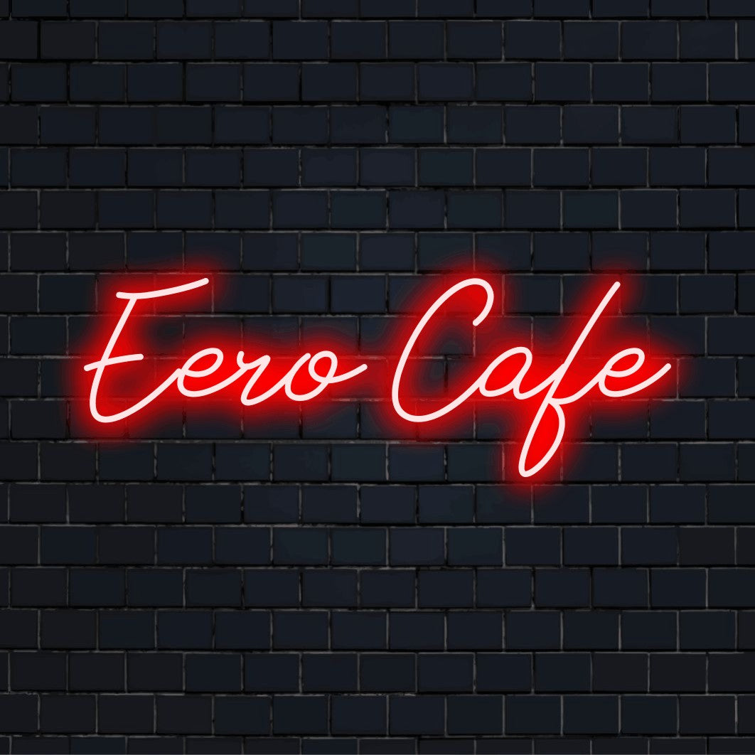 Eero Cafe Personalized LED Neon Sign, bright neon glow on black brick background