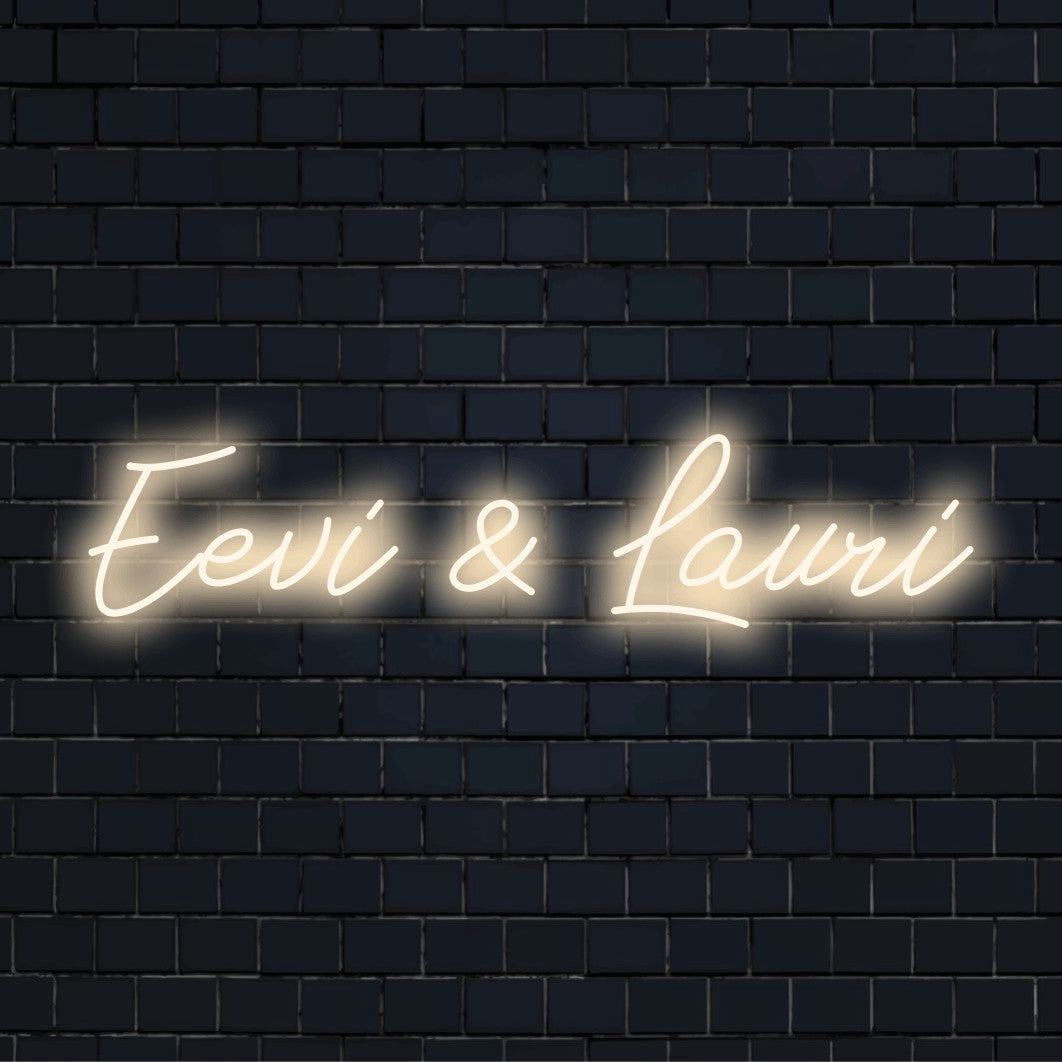 Eevi _ Lauri Personalized LED Neon Sign, bright neon glow against brick backdrop