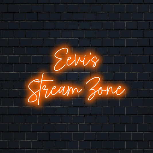 Eevi_s Stream Zone Custom Name Neon Sign, glowing neon text on dark brick wall