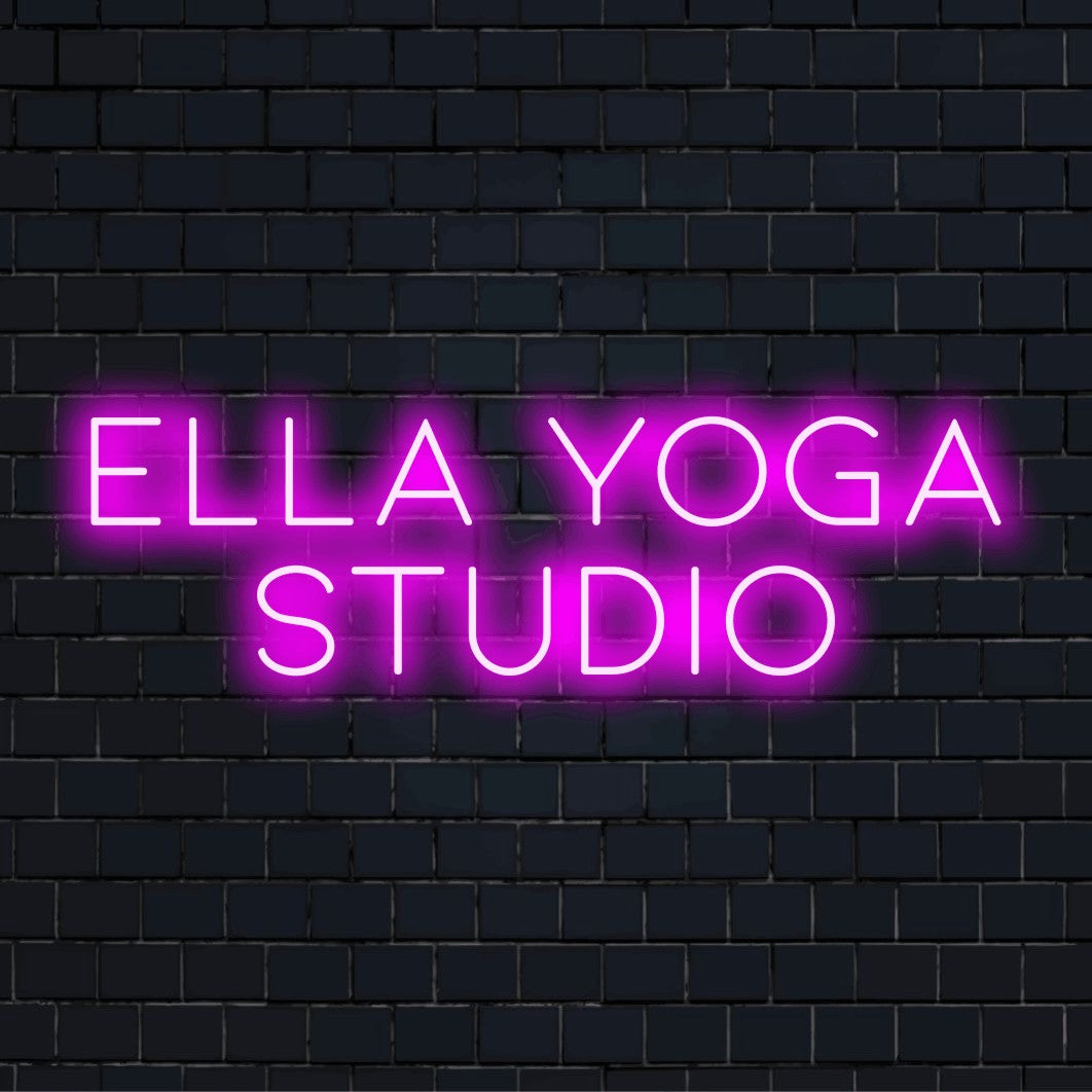 Ella Yoga Studio Custom Name Neon Sign, soft neon glow on dark brick background