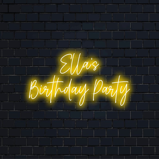 Ella_s Birthday Party Personalized Neon Light with soft neon glow against brick backdrop