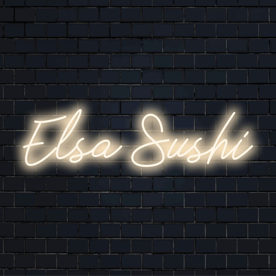 Elsa Sushi Personalized LED Neon Sign, soft neon glow against black brick wall