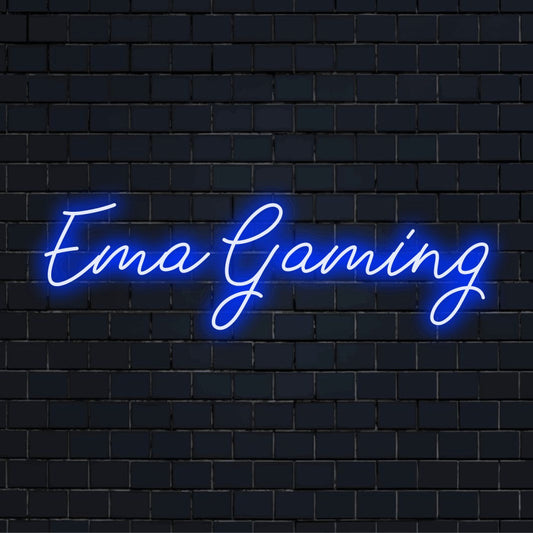 Ema Gaming Personalized LED Neon Sign, glowing lettering on black brick background