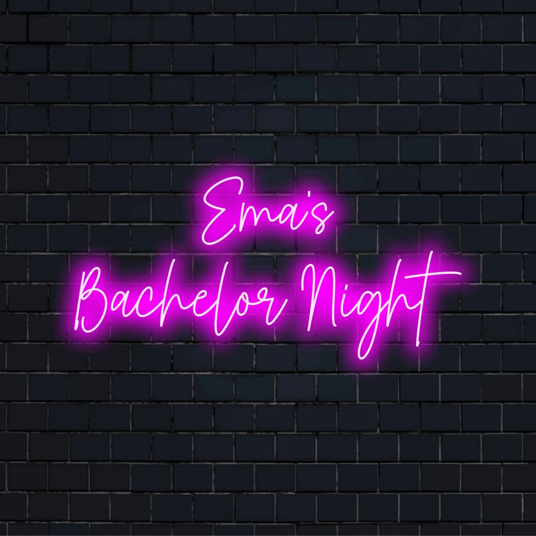 Ema_s Bachelor Night Personalized Neon Light with bright neon glow on black brick background