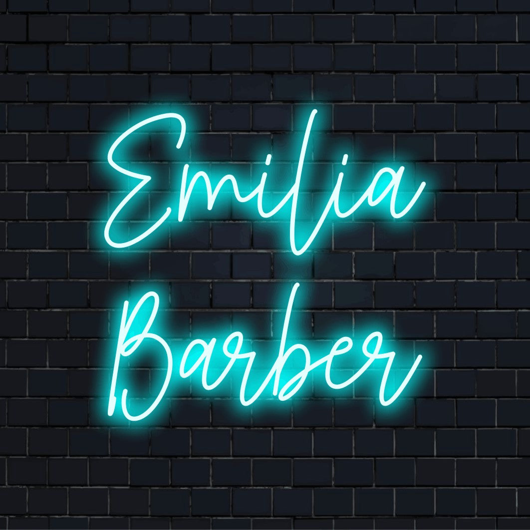 Emilia Barber Personalized LED Neon Sign, bright neon glow on dark brick wall