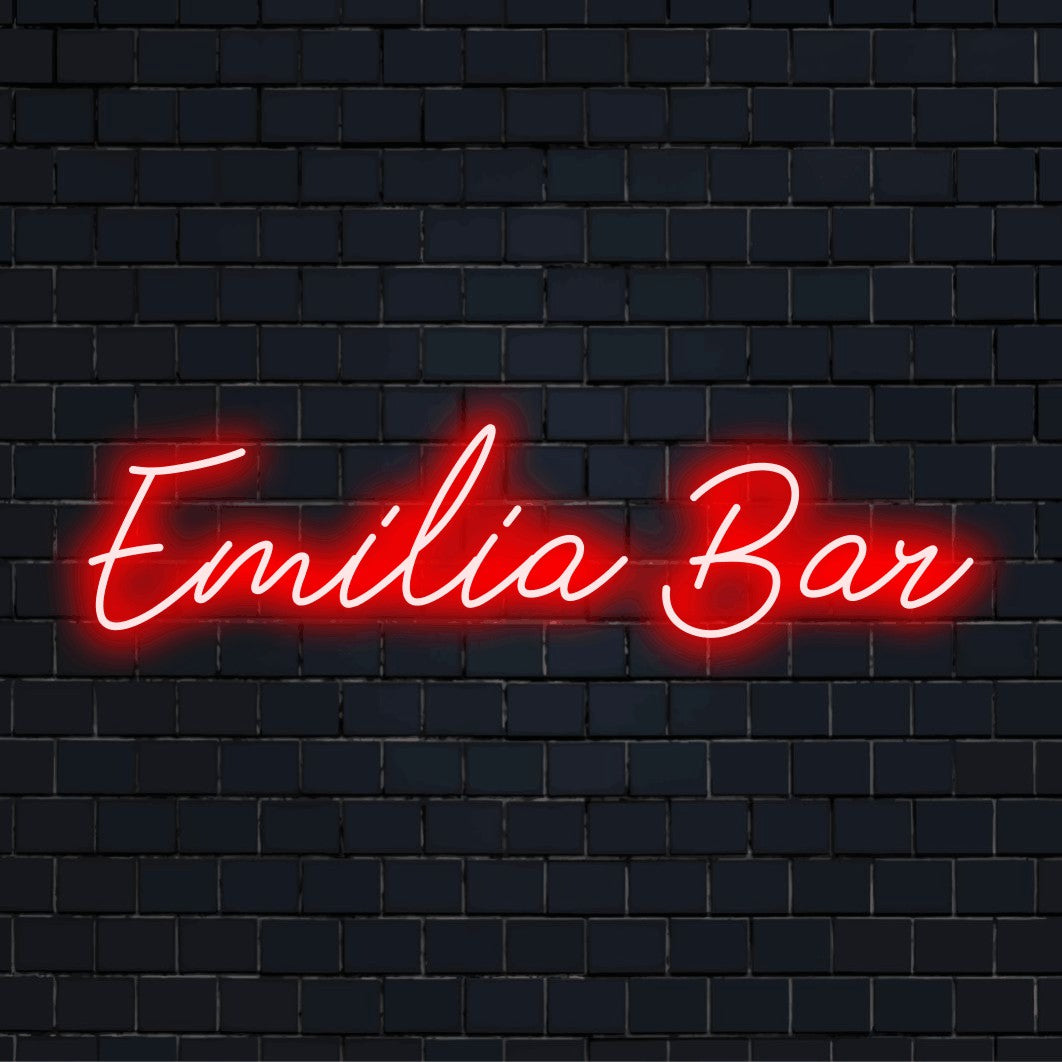 Emilia Bar Personalized LED Neon Sign, bright neon lettering on dark brick background