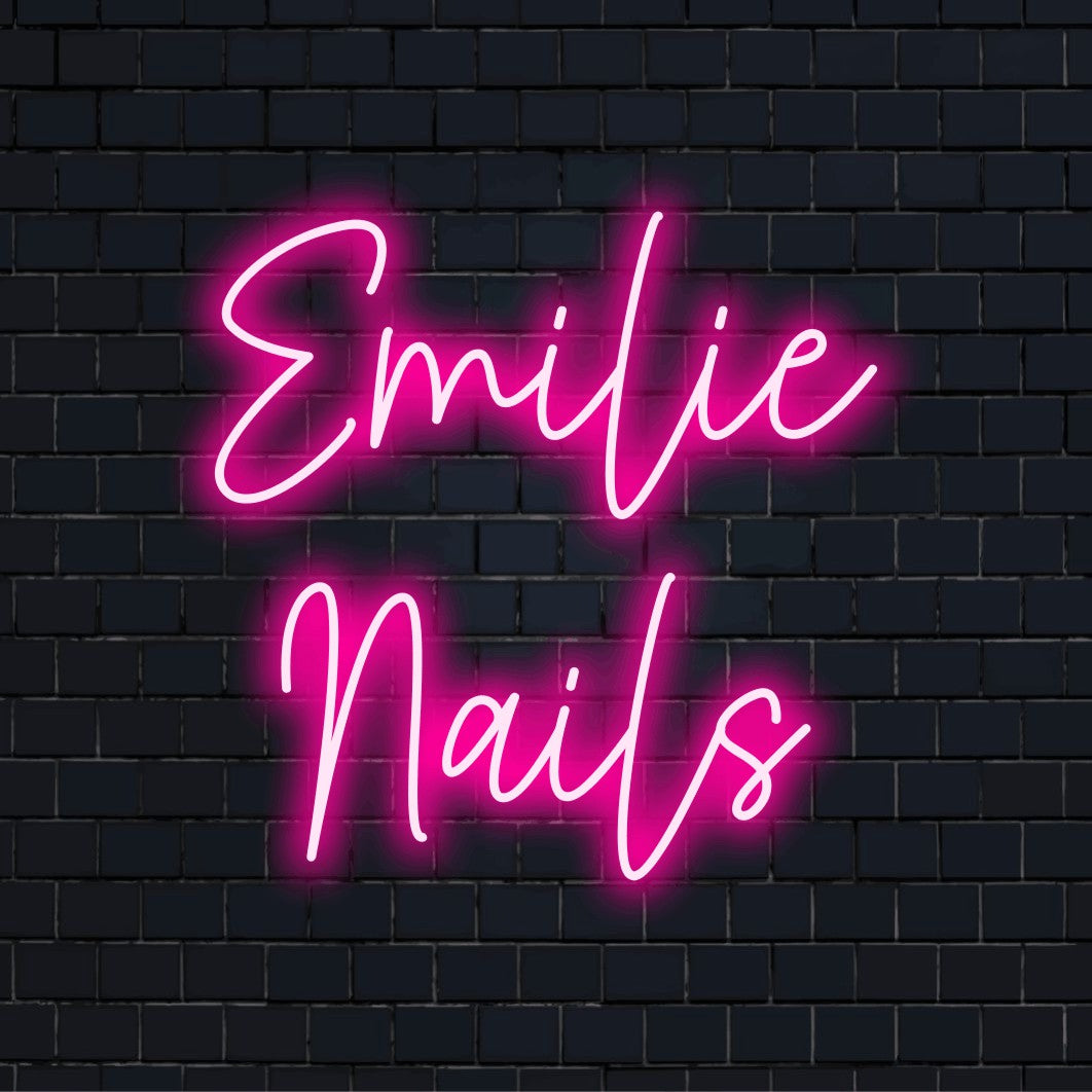 Emilie Nails Custom Name Neon Sign, bright neon lettering on dark brick background