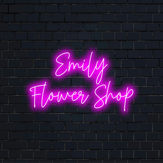 Emily Flower Shop Custom Name Neon Sign, soft neon glow against brick backdrop