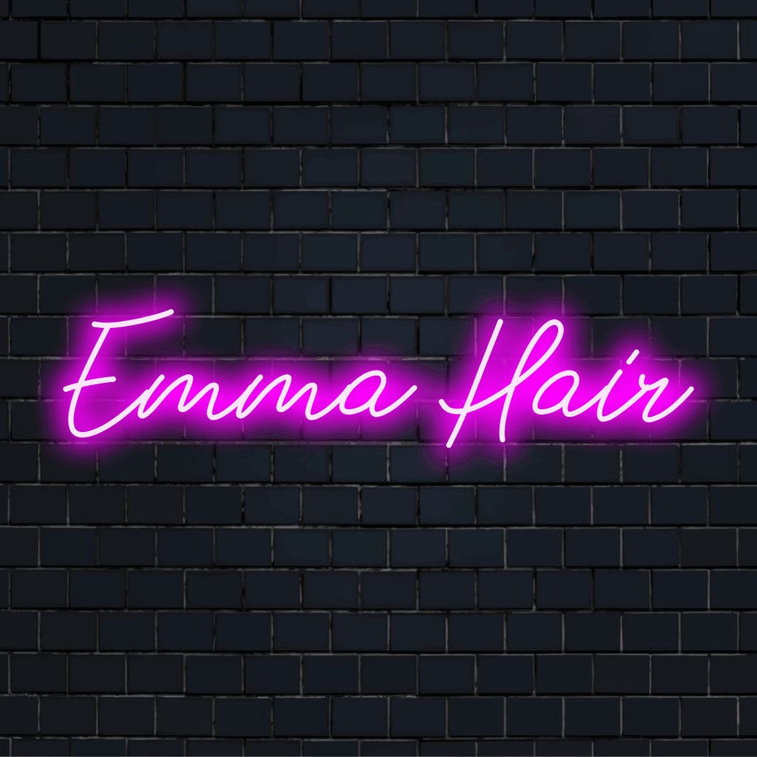 Emma Hair Custom Name Neon Sign, glowing neon text on dark brick wall