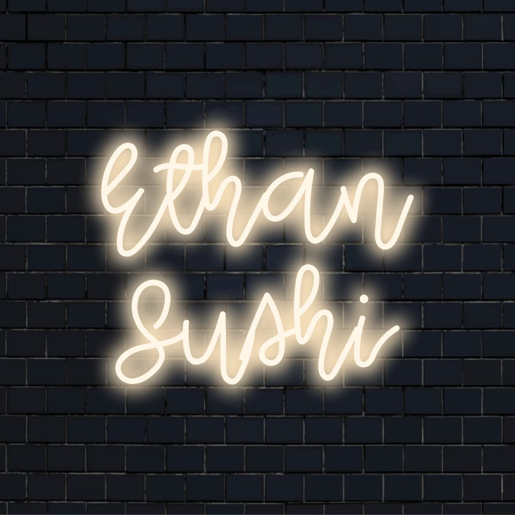 Ethan Sushi Personalized LED Neon Sign, bright neon lettering on dark brick background