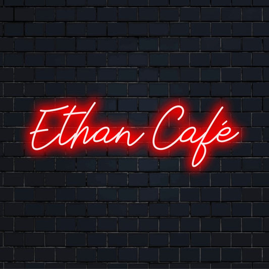Ethan Cafe Personalized LED Neon Sign, soft neon glow on dark brick background