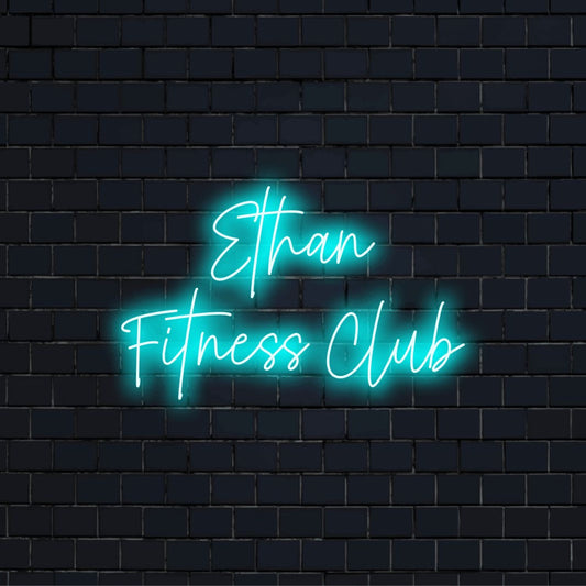 Ethan Fitness Club Custom Name Neon Sign, neon text light on dark brick wall