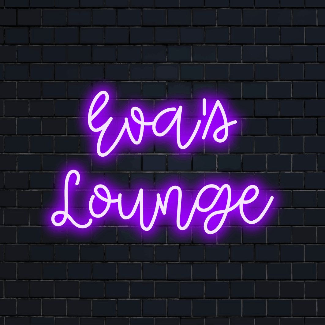 Eva_s Lounge Custom Name Neon Sign, bright neon lettering on dark brick background