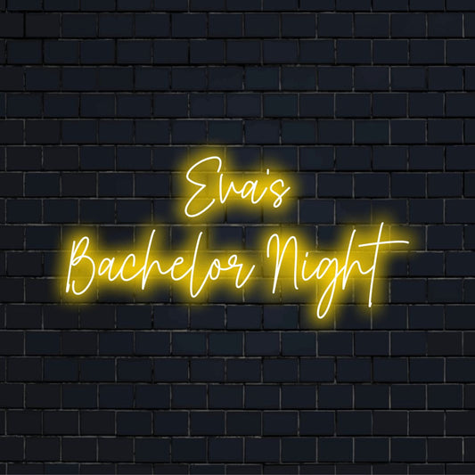Eva_s Bachelor Night Personalized LED Neon Sign, bright neon lettering on dark brick wall