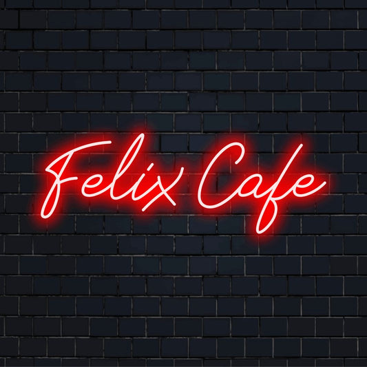 Felix Cafe Custom Name Neon Sign, soft neon glow on dark brick background