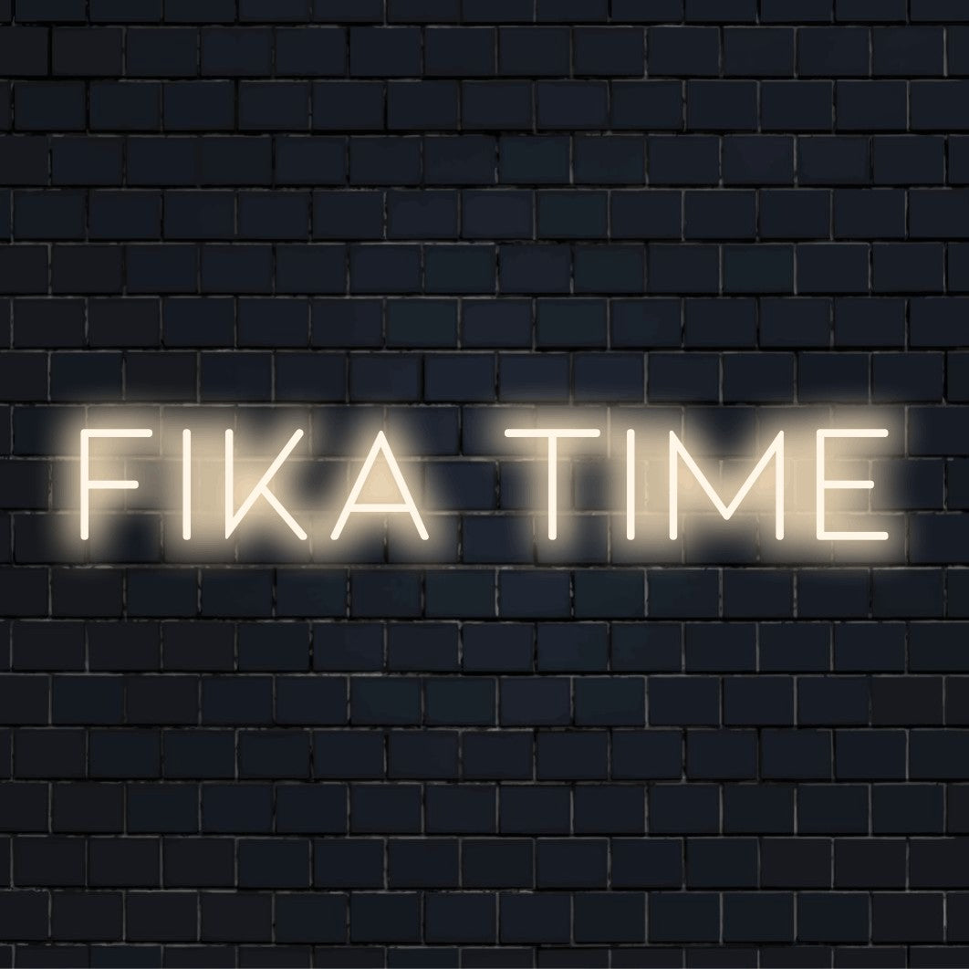 Fika Time Neon Sign, glowing wall decor on black brick background