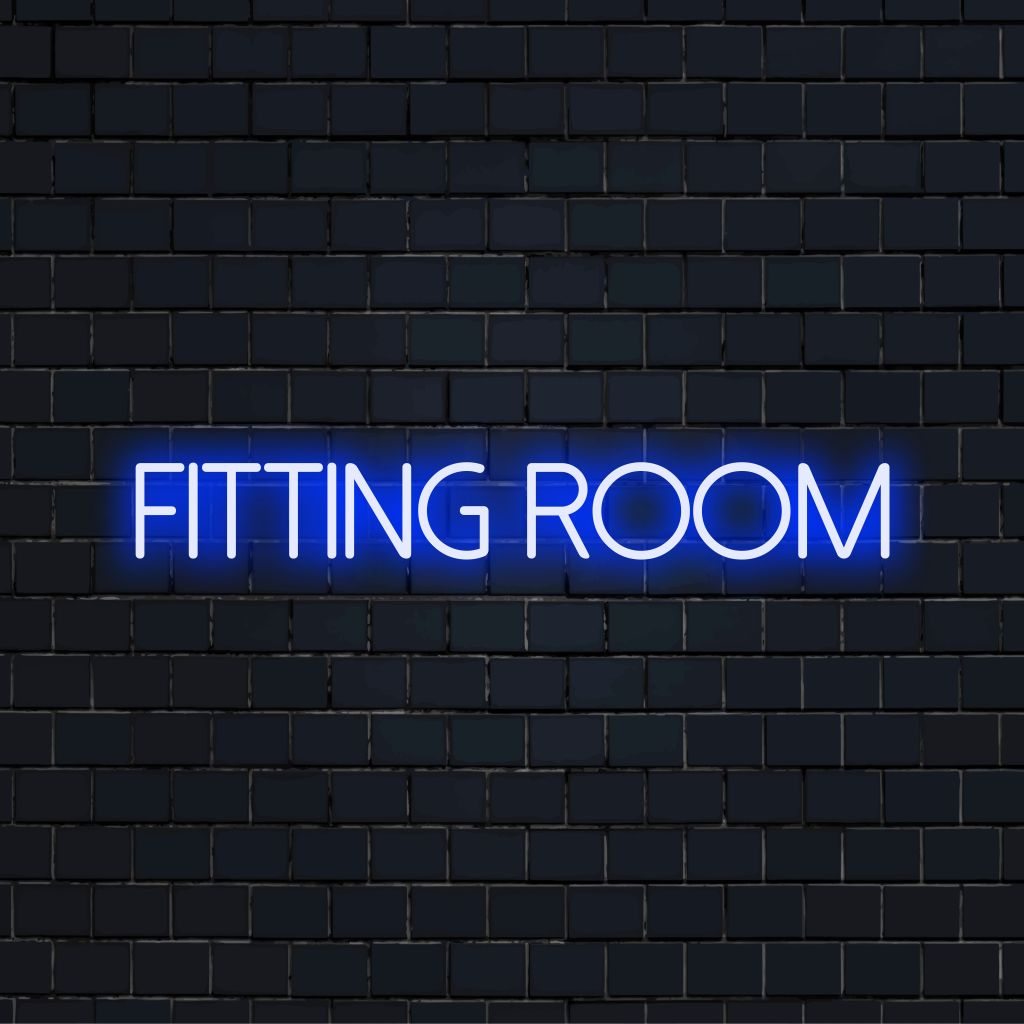 Fitting Room LED Neon Sign, glowing wall decor on black brick background