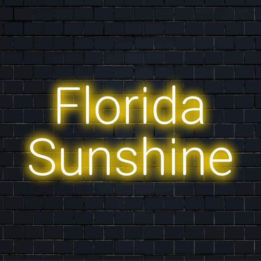 Florida Sunshine Neon Sign, bright LED glow on dark brick background