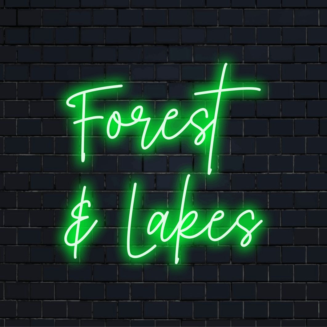 Forest Lakes Neon Light with glowing neon text on black brick background