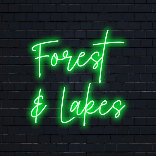 Forest Lakes Neon Light with glowing neon text on black brick background