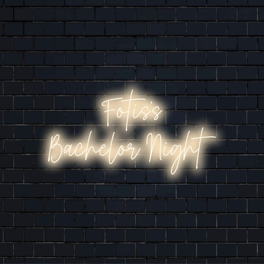 Fotis_s Bachelor Night Custom Name Neon Sign, glowing lettering on dark brick wall