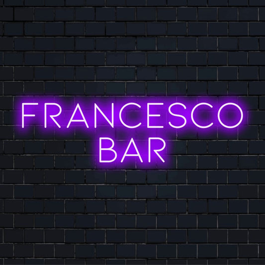 Francesco Bar Custom Name Neon Sign, bright neon lettering against black brick wall