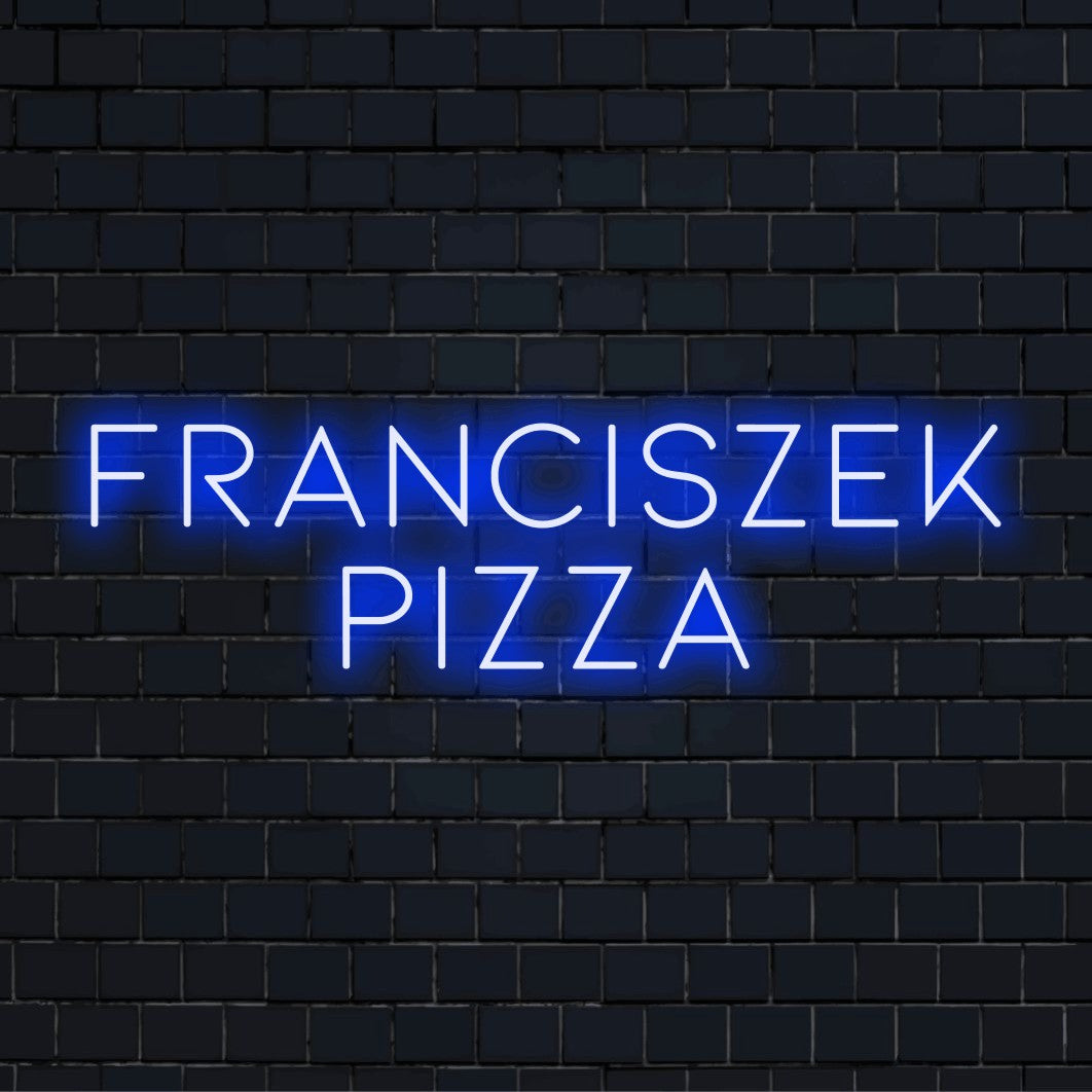 Franciszek Pizza Custom Name Neon Sign, glowing lettering on black brick background