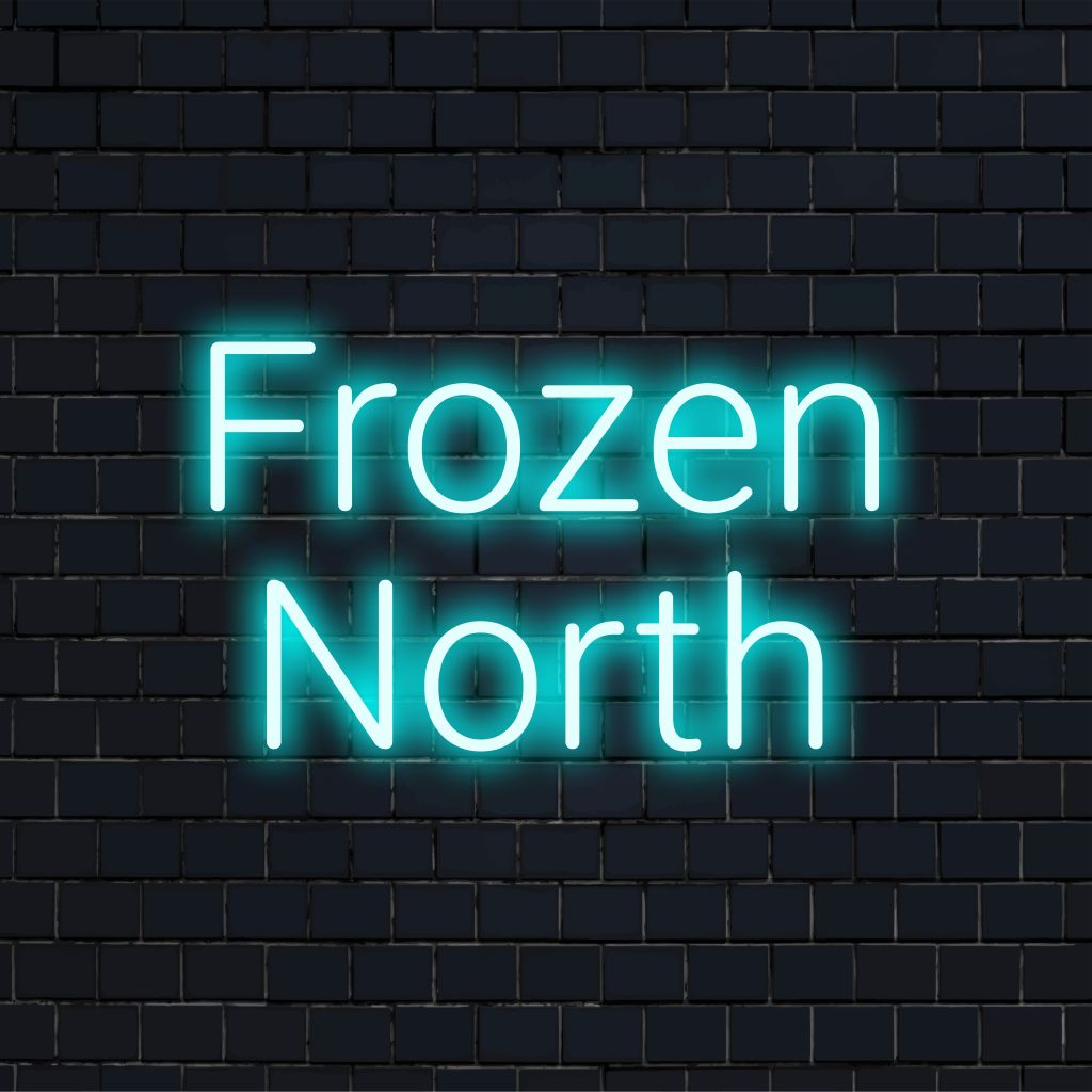 Frozen North LED Neon Sign, bright LED glow against brick backdrop