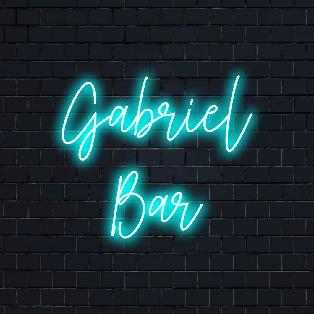 Gabriel Bar Personalized LED Neon Sign, neon text light against black brick wall