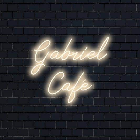 Gabriel Cafe Custom Name Neon Sign, soft neon glow on black brick background