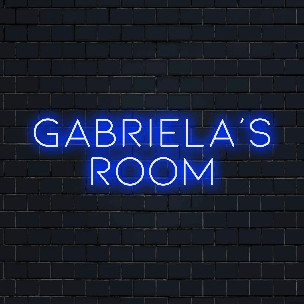 Gabriela_s Room Custom Name Neon Sign, glowing wall decor on black brick background