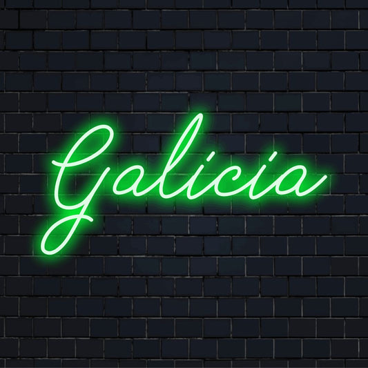 Galicia Neon Sign, bright neon lettering against brick backdrop