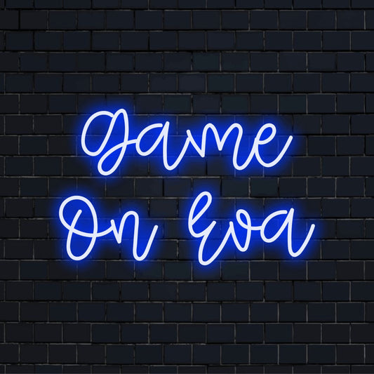 Game On Eva Personalized Neon Light with glowing lettering on dark brick wall