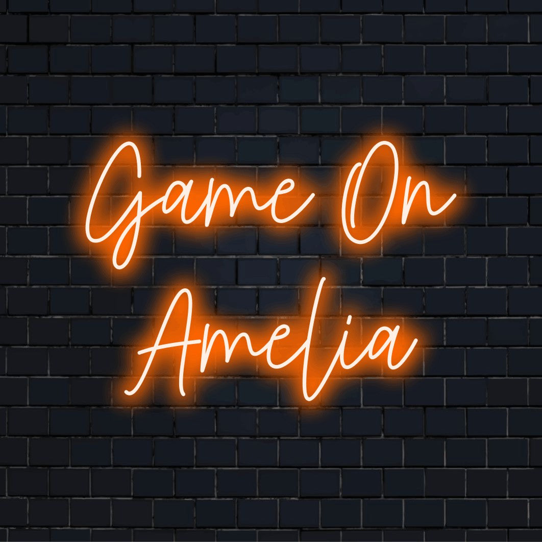 Game On Amelia Personalized Neon Light with bright LED glow against brick backdrop