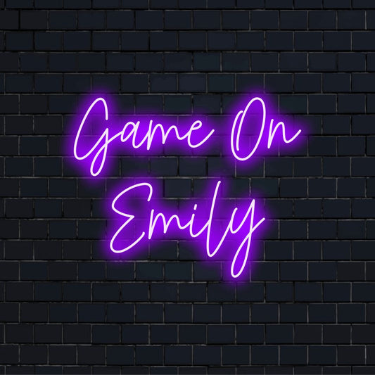 Game On Emily Custom Name Neon Sign, bright neon lettering on dark brick background