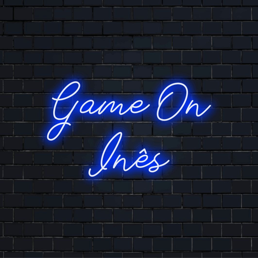 Game On Ines Custom Name Neon Sign, soft neon glow on dark brick background