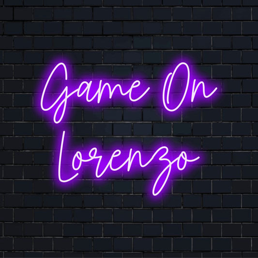 Game On Lorenzo Personalized LED Neon Sign, bright LED glow on black brick background
