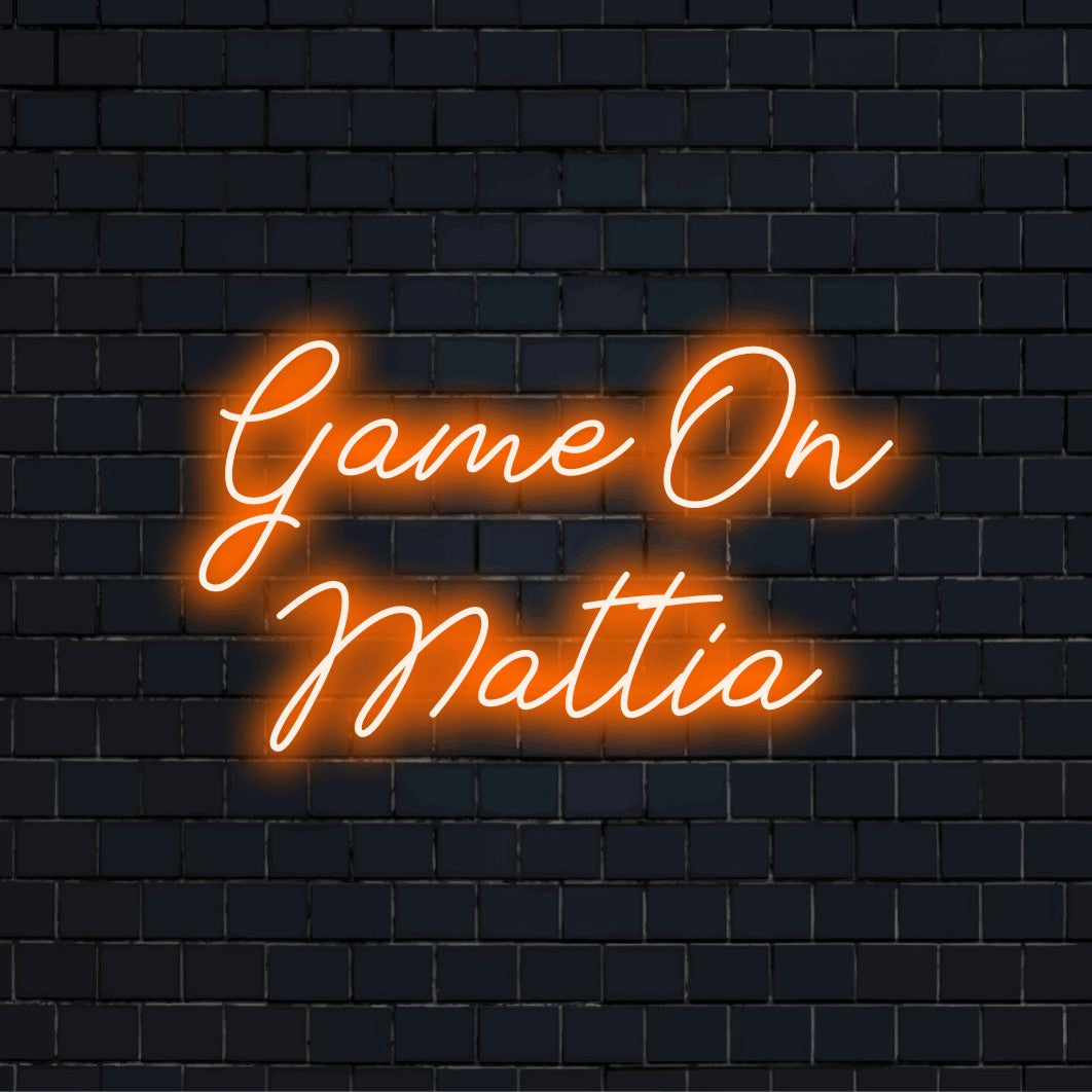 Game On Mattia Personalized Neon Light with glowing wall decor on dark brick wall